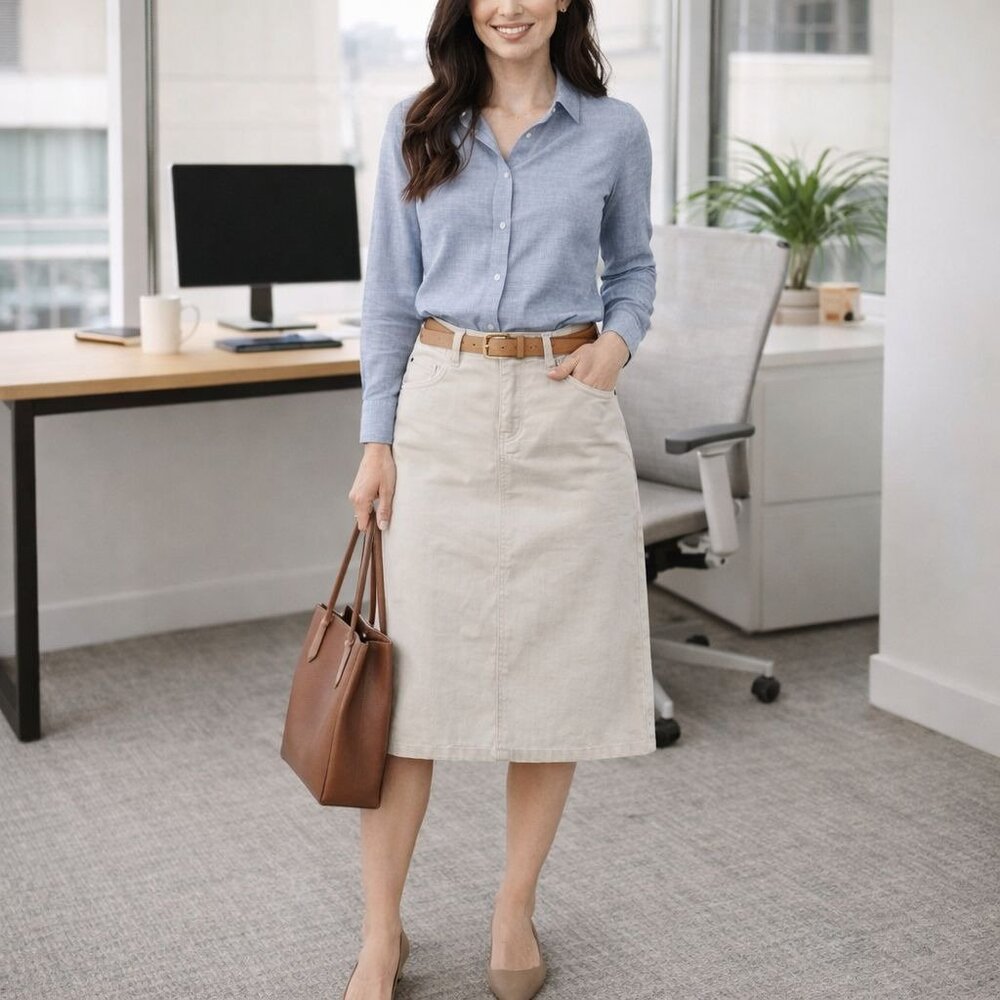 Christopher & Banks Womens Petite 8P Skirt Beige Denim Midi Back Pockets A Line